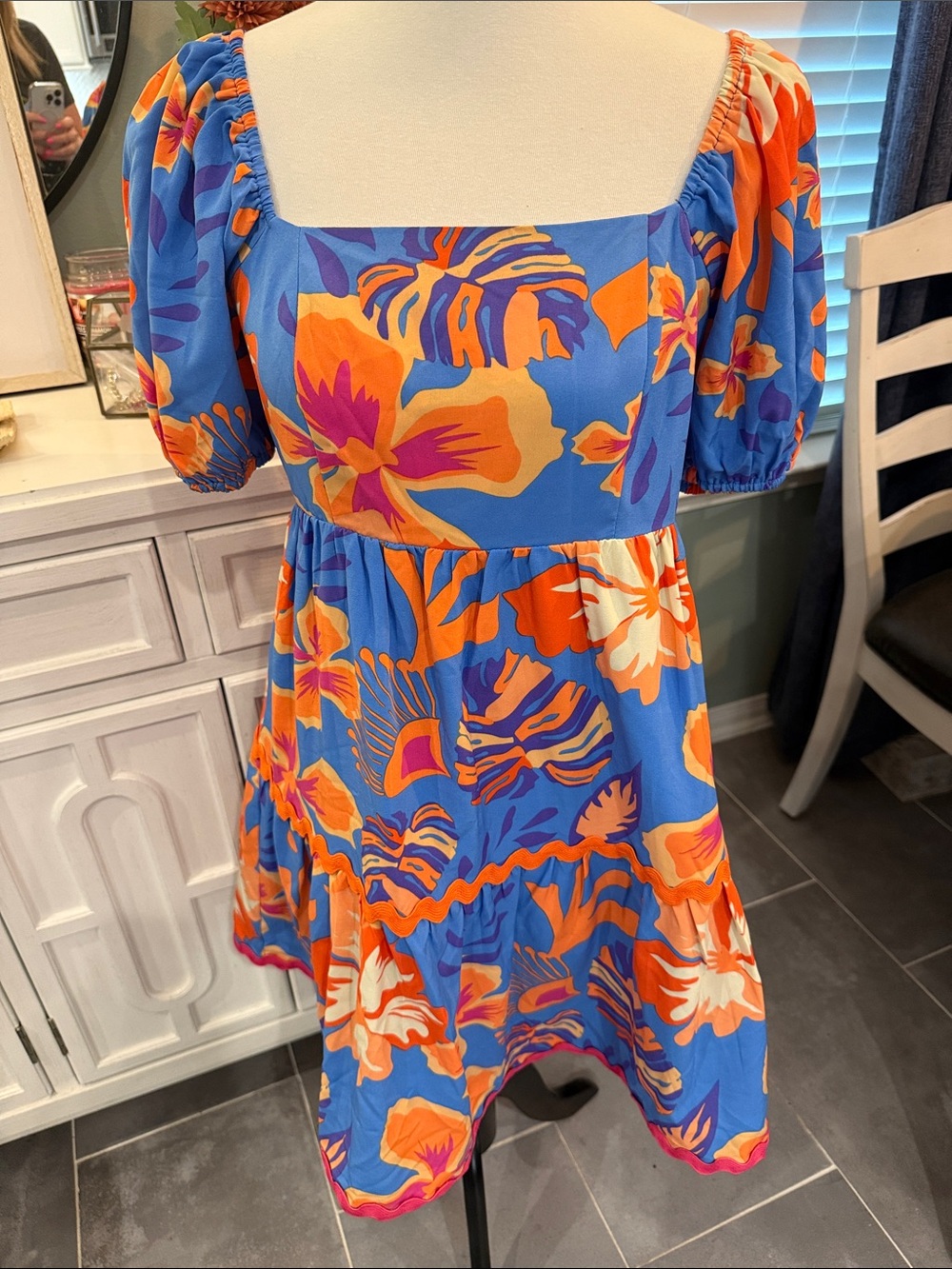 Joy Joy Blue Floral Puff-Sleeve Mini Dress with Orange and Pink Accents